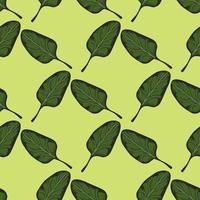 Seamless pattern Spinach salad on light green background. Modern ornament with lettuce. vector