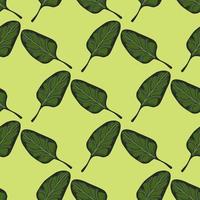 Seamless pattern Spinach salad on light green background. Modern ornament with lettuce. vector