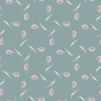 Pastel tones seamless pattern with light pink little tulip flowers ornament. Blue background. Simple style. vector
