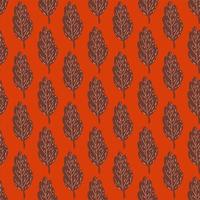 Seamless abstract pattern with brown autumn leaf shapes. Red bright background. vector