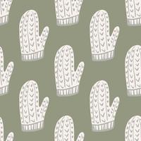 Pale tones seamless pattern with white winter ornament mittens shapes. Grey background. Xmas backdrop. vector