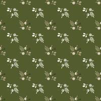 patrón sin costuras con estampado de manzanas y hojas de garabato vintage. fondo verde oliva. vector