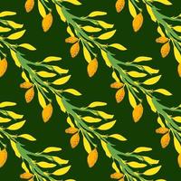 Contrast seamless doodle pattern with bright yellow lemon branches silhouettes. Dark green background. vector