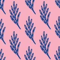 Contrast bright seamless pattern with navy blue doodle leaf branches shapes. Pink background. Simple design. vector