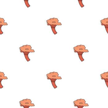 patrón inconsútil aislado con estampado de hongo cantharellus cibarius contorneado rosa. Fondo blanco. vector