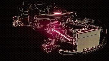 Holographic animation of 3D wireframe car model with engine photo