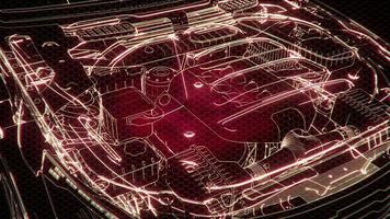 Holographic animation of 3D wireframe car model with engine photo