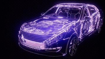 Holographic animation of 3D wireframe car model with engine video