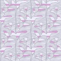 Stylized tropic monstera shapes seamless doodle pattern. Blue outline foliage ornament on striped background with white and pink lines. vector