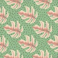 Bright summer seamless tropical pattern with pink colored hand drawn monstera leaf. Green dotted background. vector