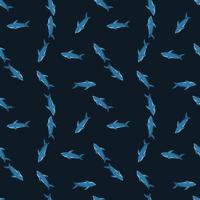 Doodle random small blue shark shapes seamless pattern. Black background. Scrapbook ornament. Simple style. vector