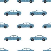 Blue car seamless pattern. Doodle cars vector illustration.