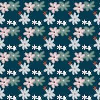 Chamomile seamless doodle naive pattern. Dark turquoise background with pink and blue floral ornament. vector