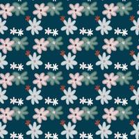 Chamomile seamless doodle naive pattern. Dark turquoise background with pink and blue floral ornament. vector