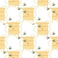 Isolated honey theme seamless pattern. Hand drawn bees, beehives and honeycomb in yellow color on white background. vector