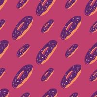 Diagonal located donuts ornament seamless pattern. Purple sweet dessert elements on pink background. vector