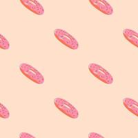Minimalistic seamless food pattern with donuts silhouettes. Pink diagonal sweet elements on light background. vector