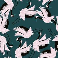 Seamless random pattern with light tones chinese crane birds shapes. Turquoise dark background. vector