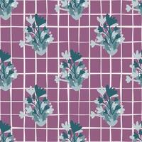 Bright floral abstract ornament seamless pattern. Blue elements on purple chequered background. vector