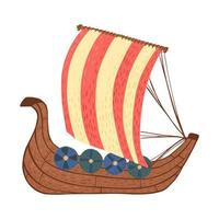 Galley isolated on white background. Cartoon Viking ship made of wood in doodle style. vector