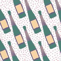 Doodle glass bottle seamless pattern on dots background. Alcohol bar bottles in doodle style. vector