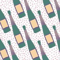 Doodle glass bottle seamless pattern on dots background. Alcohol bar bottles in doodle style. vector