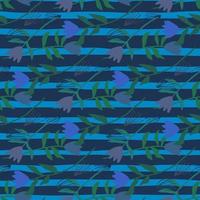 Seamless pattern with doodle tulip elements. Stripped background. Botanic print in navy, blue, green colors. vector