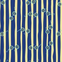 Random seamless doodle pattern with glasses hipster silhouettes. Yellow and navy blue striped background. vector