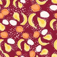 Summer food seamless pattern with organic bananas, pears, plums and apples. Maroon background with splashes. vector