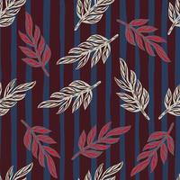 Seamless random pattern with tropic leaves branches elements print. Maroon and blue striped background. vector