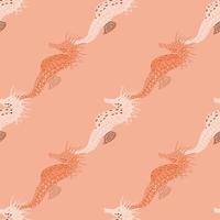 Seahorse seamless doodle pattern in coral tones. Underwater animal backdrop. vector