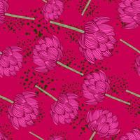 Random seamless pattern with decorative hand drawn pink lotus ornament. Bright background with splashes. vector