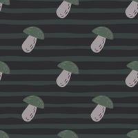 Diagonal mushroom ornament seamless pattern. Doodle cartoon nature backdrop in dark tones and stripped background. vector