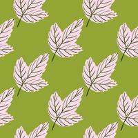 Light pink leaves seamless doodle pattern. Green background. Abstract contrast floral artwork. vector