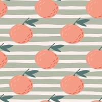 Pink colored mandarin ornament seamless citrus pattern. Simple food elements on grey striped background. vector