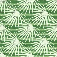 Abstract tropic seamless pattern with doodle fan palm ornament. Light colored exotic foliage on green striped backgound. vector