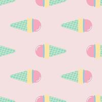 Seamless pattern with ice cream in waffle cone. Bright illustration in yellow, blue and pink colors. vector