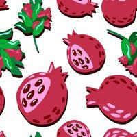 Stylized summer seamless pattern with big garnet shapes and green branches with berries. Isolated artwork. Red and pink colored fruit ornament. vector