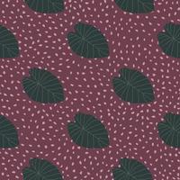 Dark grey leafs doodle botanic seamless pattern. Abstract floral print with purple dotted background. vector