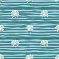 White minimalistic palm licuala ornament seamless pattern. Blue striped background. Nature backdrop. vector