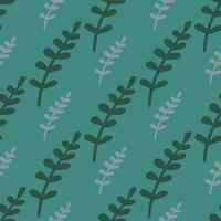 Green colored hand drawn foliage branches seamless doodle pattern. Turquoise background. vector