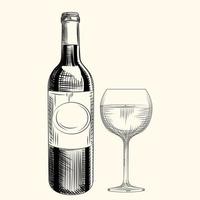 Hand drawn wine bottle and glass. Engraving style. Isolated objects. vector