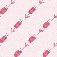 Botanic outline tulips seamless pattern. Light pastel pink dotted background with bright contoured diagonal elements. vector