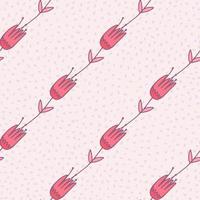 Botanic outline tulips seamless pattern. Light pastel pink dotted background with bright contoured diagonal elements. vector