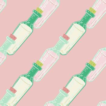 Seamless elixir pattern with white and green bottles. Pink pastel background. Withcraft print. vector