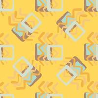 Random seamless pattern. Geometric figures in orange and blue colors on yellow background. vector