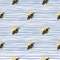 Simple diagonal bee ornament seamless pattern. Yellow and black animal wasp figures on blue and white stripped background. vector