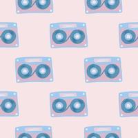 Stylized seamless doodle pattern with cassette elements. Blue music ornament on light pink background. vector