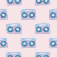 Stylized seamless doodle pattern with cassette elements. Blue music ornament on light pink background. vector