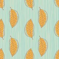 Orange leaf silhouettes seamless pattern. Blue stripped background. Simple botanic outline print. vector